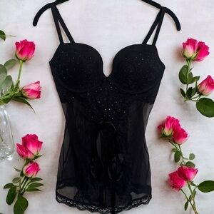 Victoria’s Secret Black Rhinestone Sheer Lacey Padded Lingerie Teddy Size‎ 36C